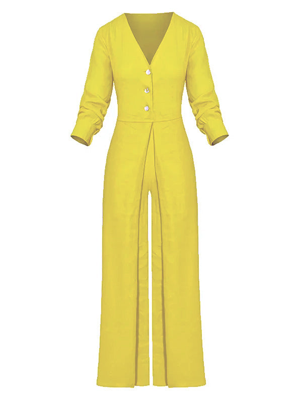 High-Waist V-Neck Button-Detail Pocket Jumpsuit