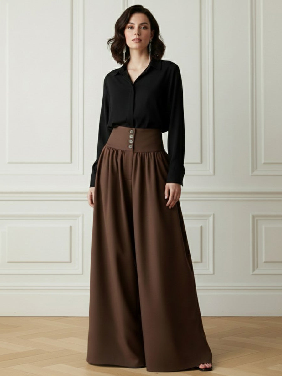High-Waist Pleated Button-Detail Pocket Pants