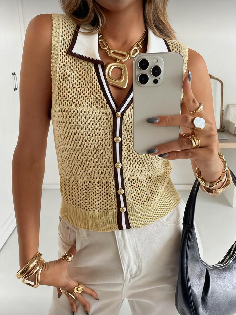 Button-Detail Sleeveless Relaxed Contrast Vest