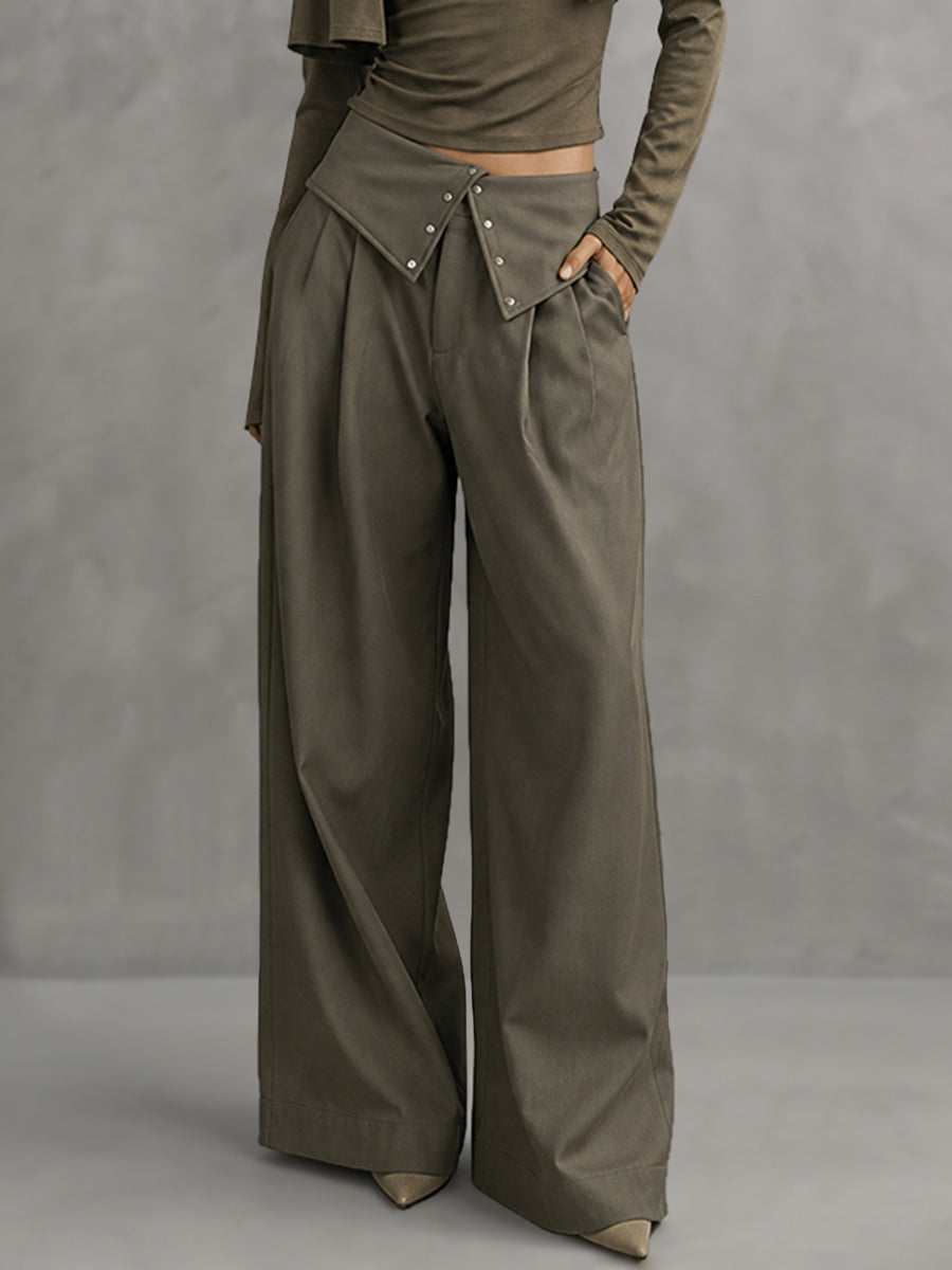 Wide-Leg High-Waist Pleated Asymmetric Pants
