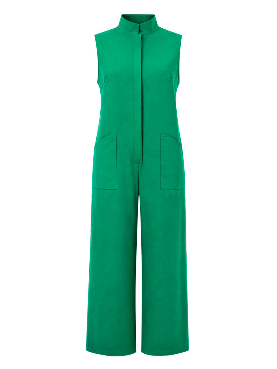Wide-Leg Stand-Collar Button-Detail Sleeveless Jumpsuit