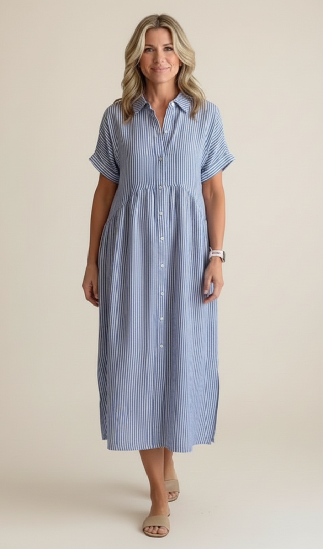 Marina | Striped Maxi Shirt Dress with Pockets