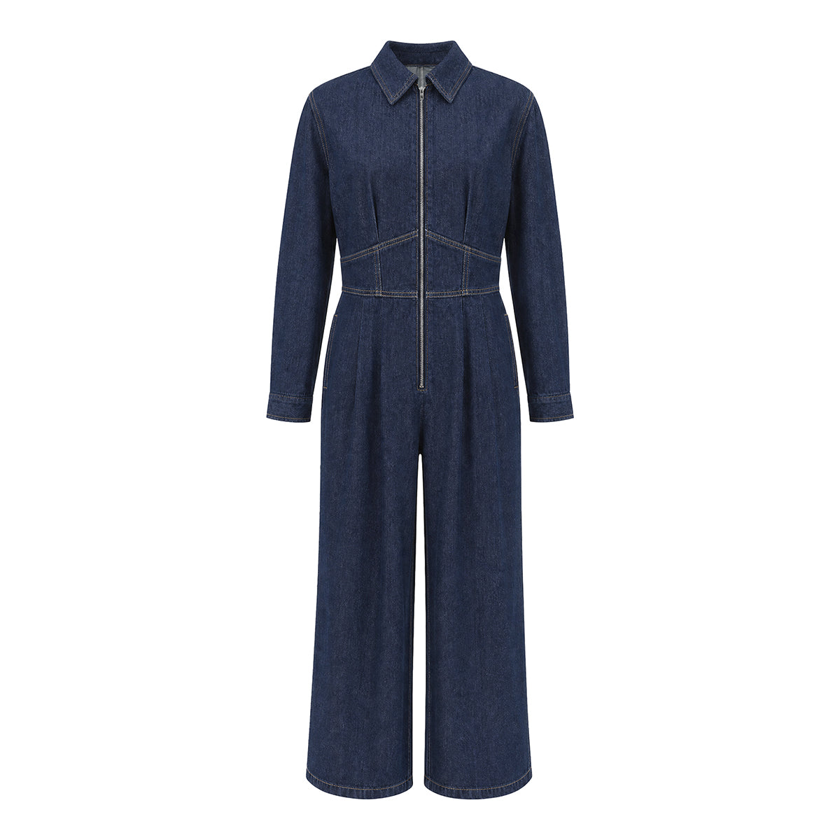 Wide-Leg Zip Pocket Long-Sleeve Jumpsuit