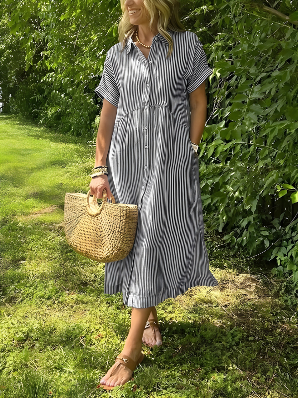 Marina | Striped Maxi Shirt Dress with Pockets