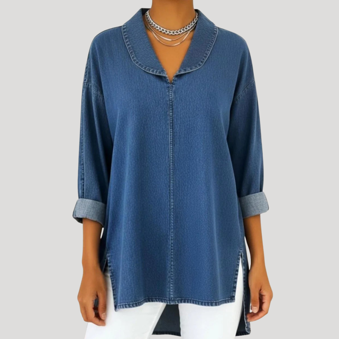 Camille | Faux Denim Shawl Collar Blouse