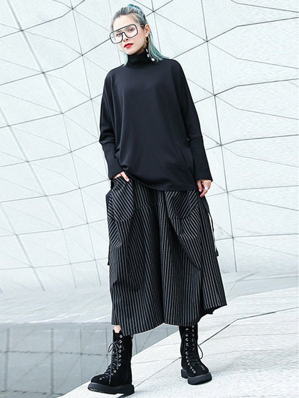 Striped High-Waist Pocket Elastic Culottes