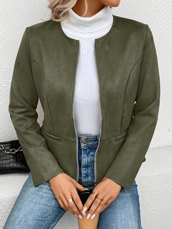 Round-Neck Zip Pocket Long-Sleeve Jacket