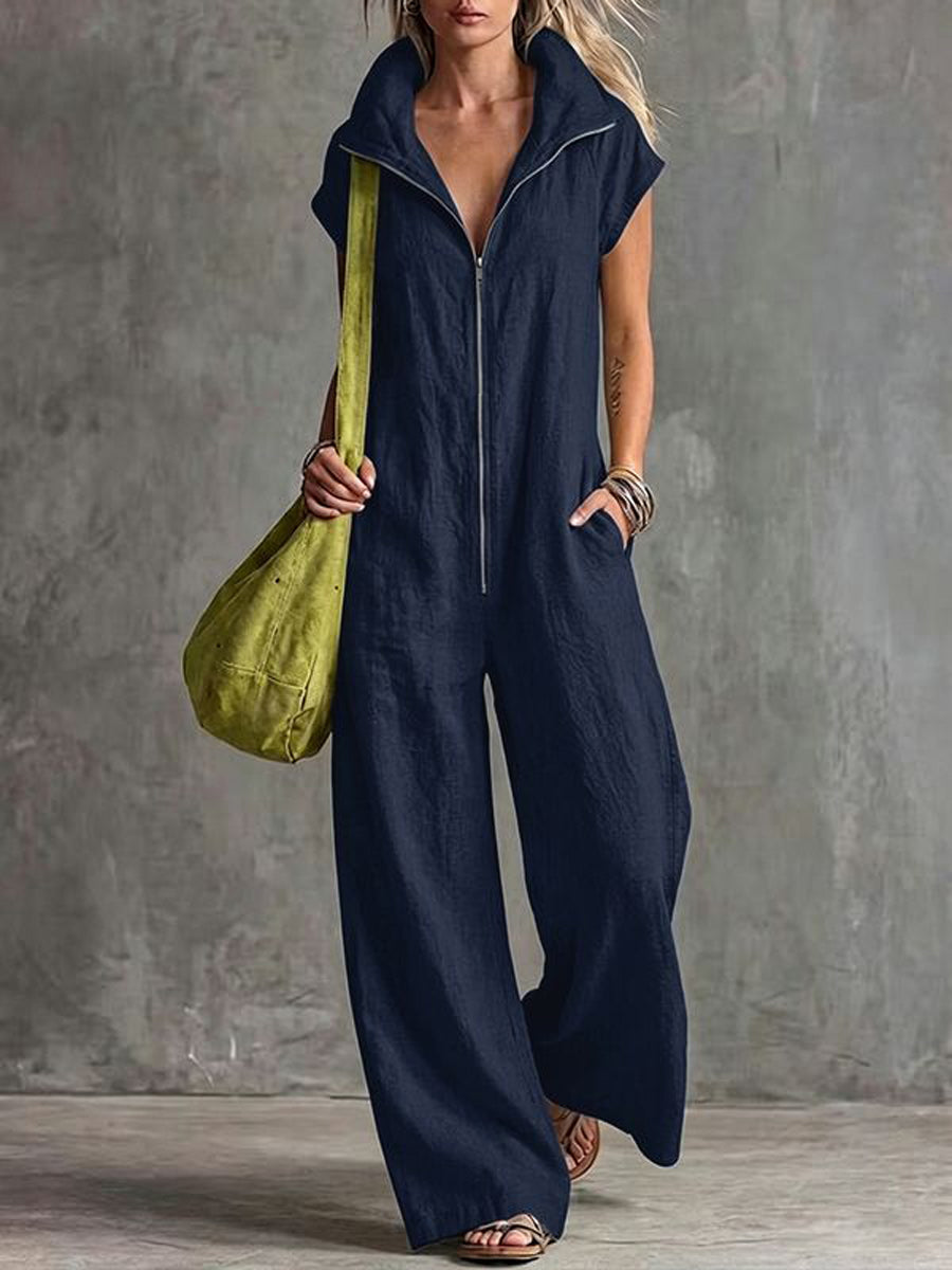 Wide-Leg Stand-Collar Zip Pocket Jumpsuit