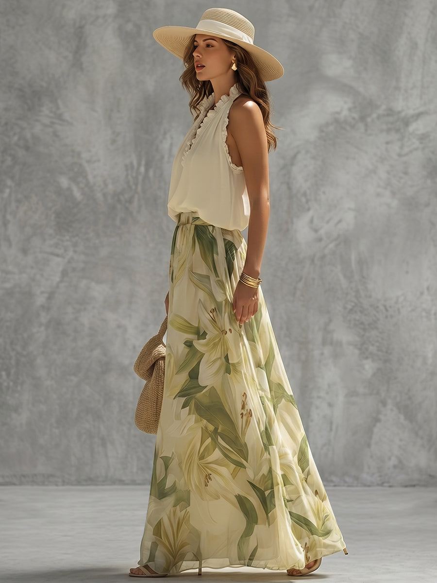 Halter-Neck Ruffle Sleeveless Relaxed Tank Top