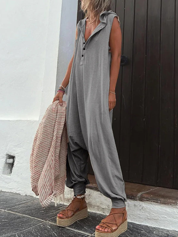 V-Neck Hooded Button-Detail Relaxed Jumpsuit