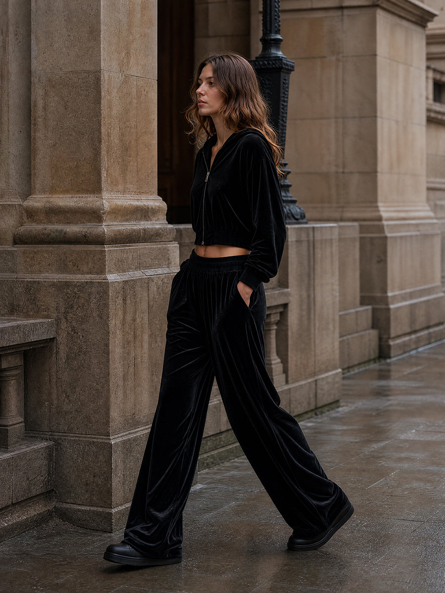 Velvet Wide-Leg Pocket Elastic Pants