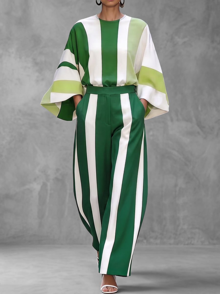 Striped Wide-Leg Pocket Elastic Pants
