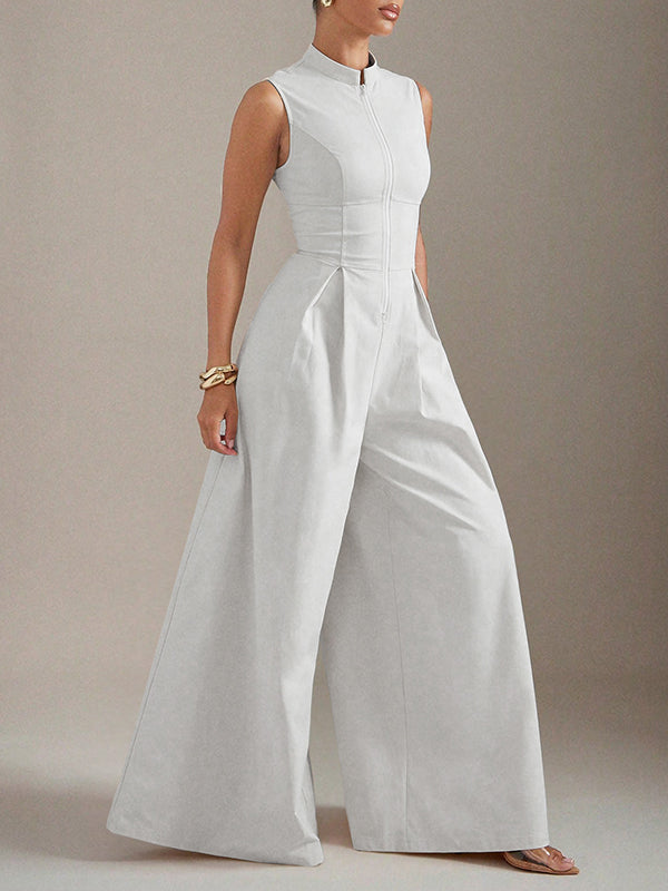 Wide-Leg Round-Neck Pleated Zip Jumpsuit