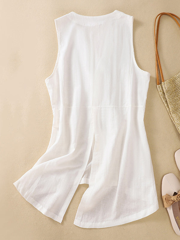 V-Neck Button-Detail Sleeveless Relaxed Vest