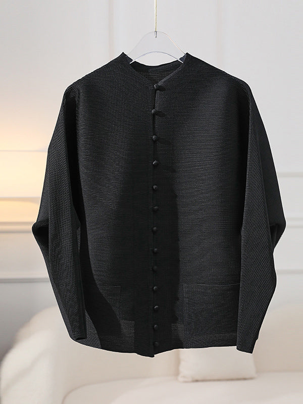 Round-Neck Pleated Button-Detail Pocket Jacket