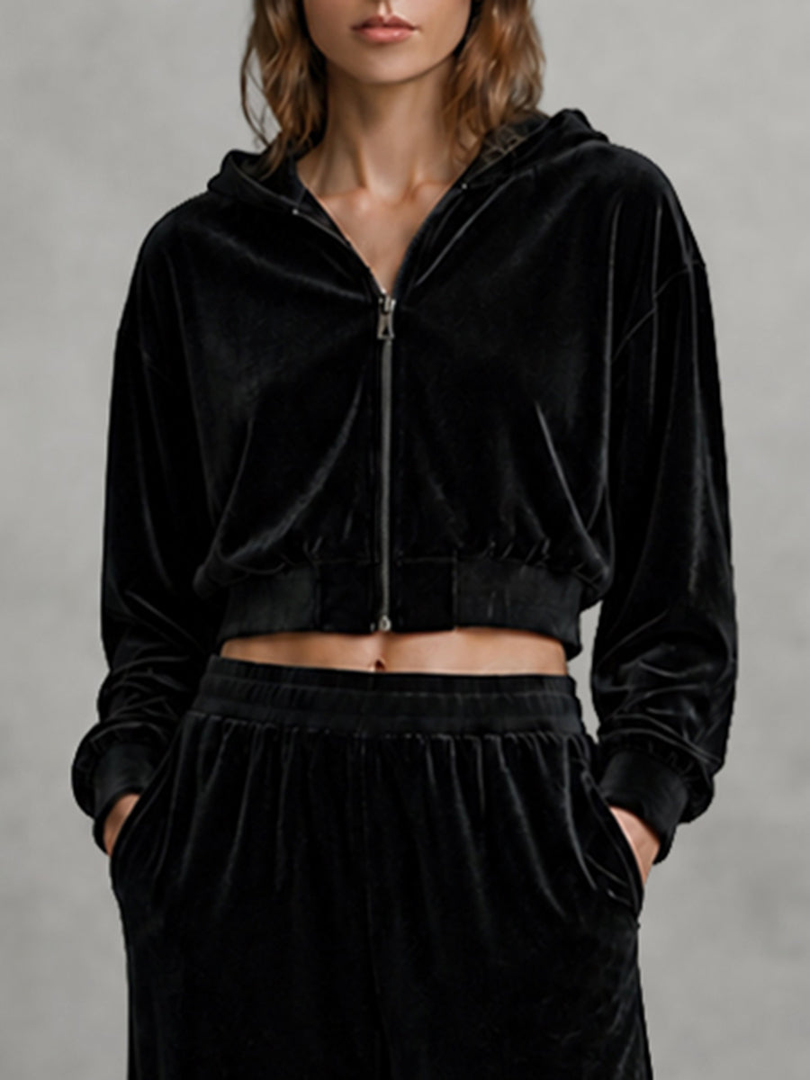 Velvet Cropped Hooded Zip Jacket