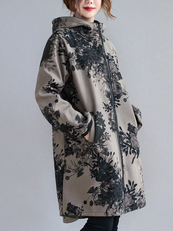 Floral Hooded Long-Sleeve Relaxed Jacket