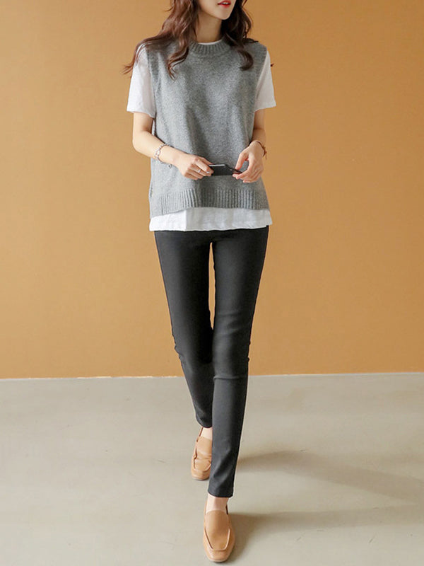 Round-Neck Button-Detail Sleeveless Relaxed Vest