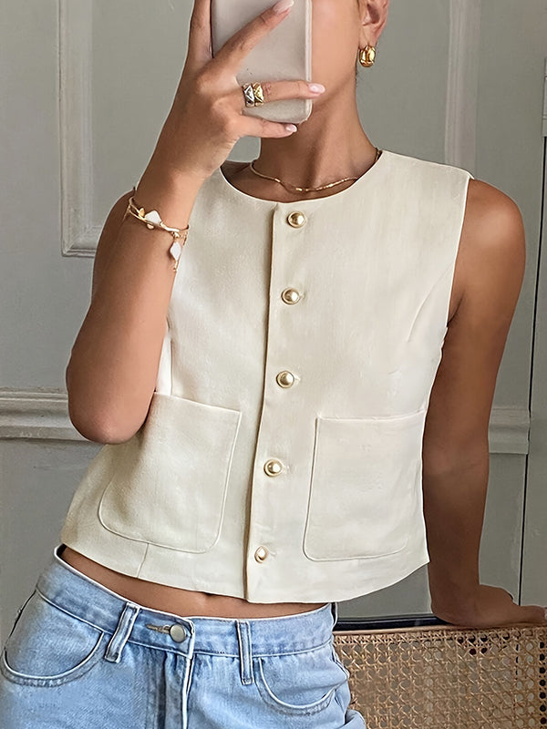 Round-Neck Button-Detail Pocket Sleeveless Vest