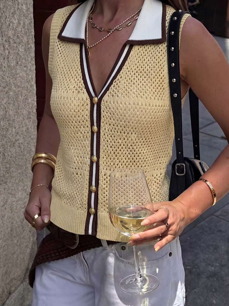 Button-Detail Sleeveless Relaxed Contrast Vest