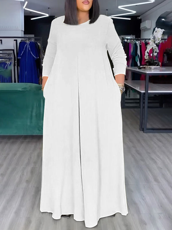 Wide-Leg Round-Neck Pocket Relaxed Jumpsuit