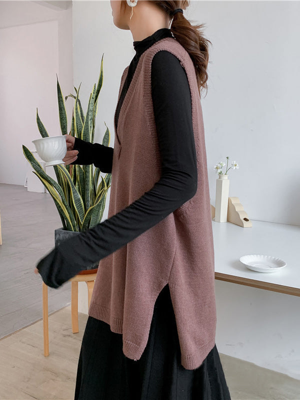 Knit V-Neck Side-Split Sleeveless Vest