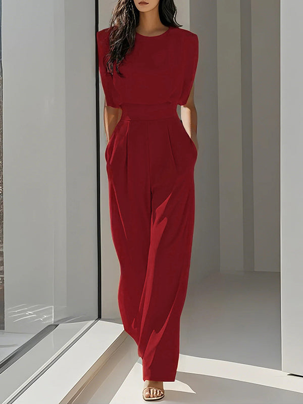 Round-Neck Pleated Relaxed Jumpsuit
