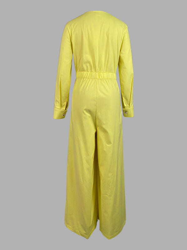 High-Waist V-Neck Button-Detail Pocket Jumpsuit