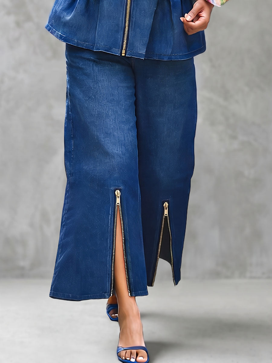 Wide-Leg Cropped Zip Pocket Pants