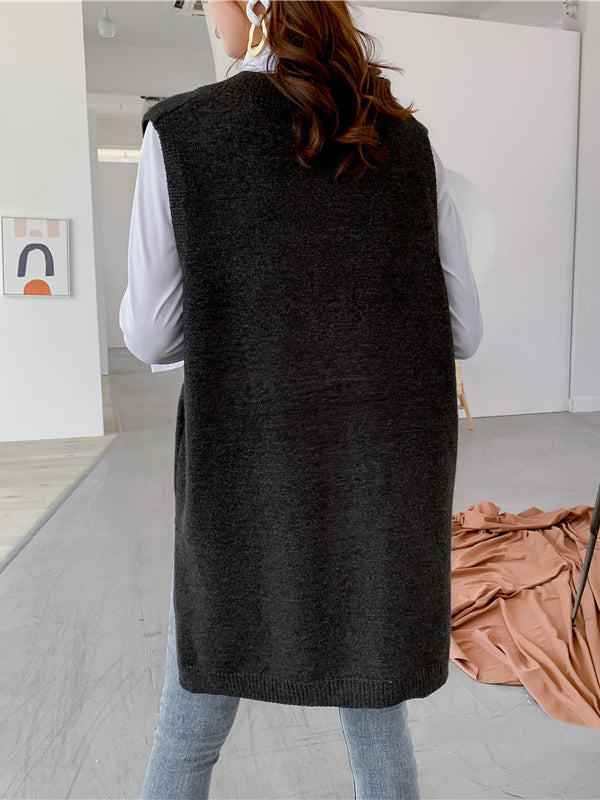 Knit V-Neck Side-Split Sleeveless Vest