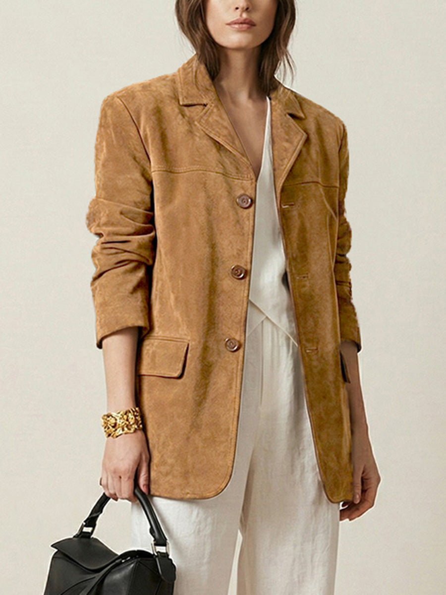 Notch-Collar Button-Detail Long-Sleeve Relaxed Blazer