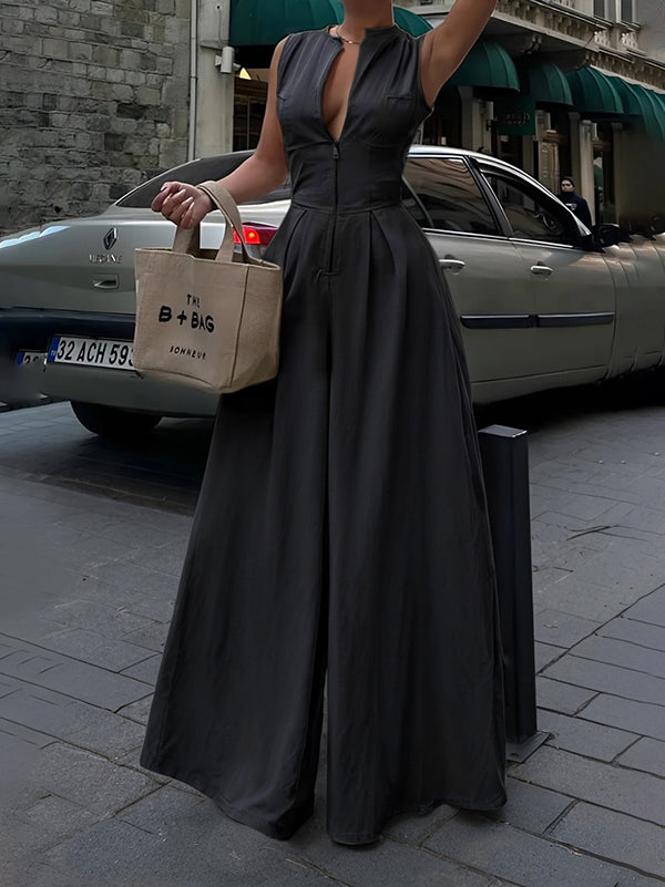 High-Waist V-Neck Zip Pocket Jumpsuit