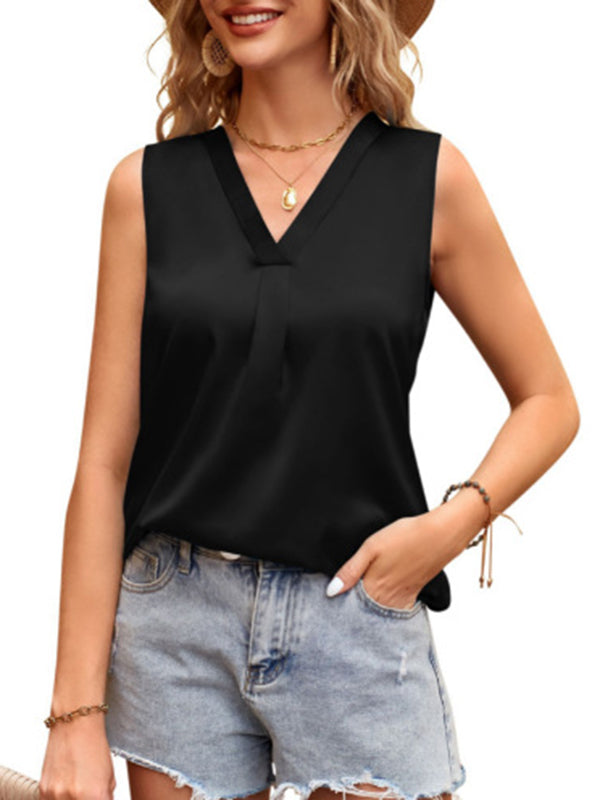 V-Neck Pleated Sleeveless Relaxed Vest