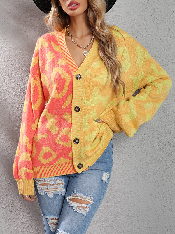 Leopard Print V-Neck Button-Detail Long-Sleeve Cardigan