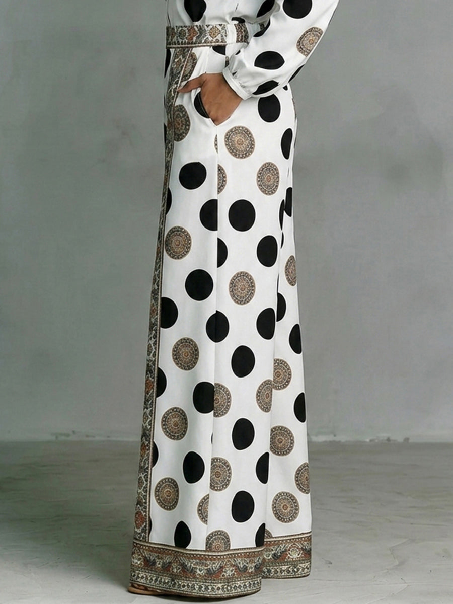 Polka Dot Wide-Leg High-Waist Pocket Pants