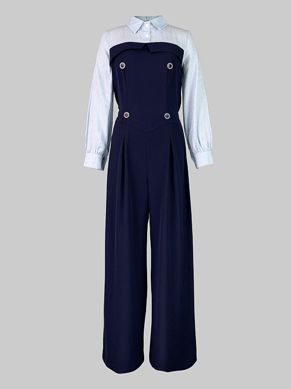 High-Waist Pleated Button-Detail Long-Sleeve Jumpsuit