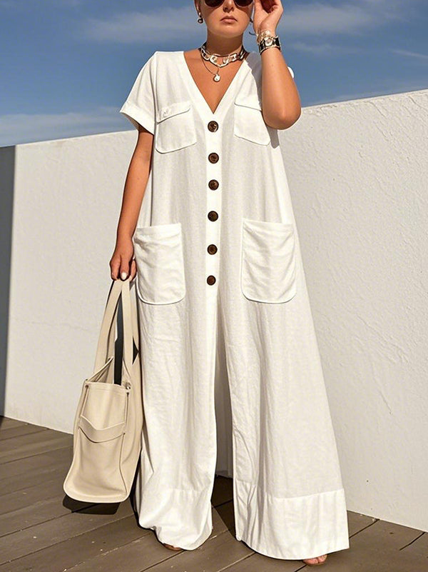 V-Neck Button-Detail Pocket Short-Sleeve Jumpsuit
