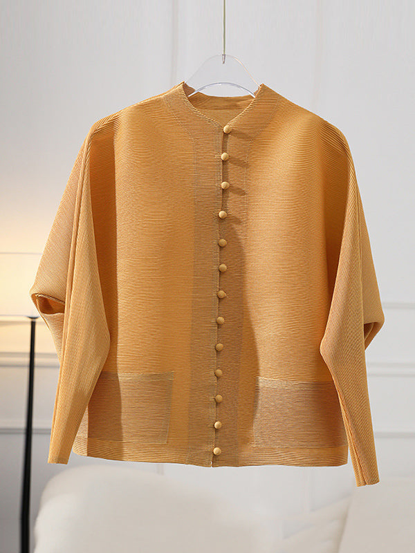 Round-Neck Pleated Button-Detail Pocket Jacket