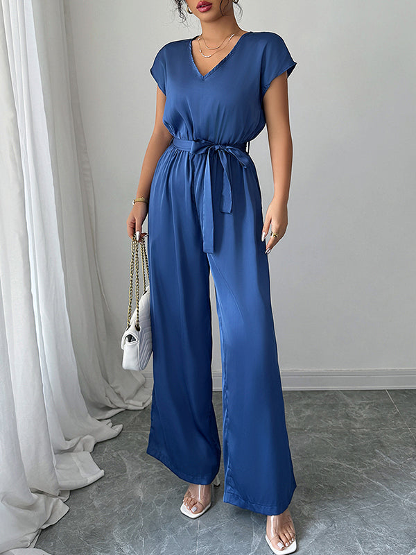 High-Waist V-Neck Pleated Open-Back Jumpsuit