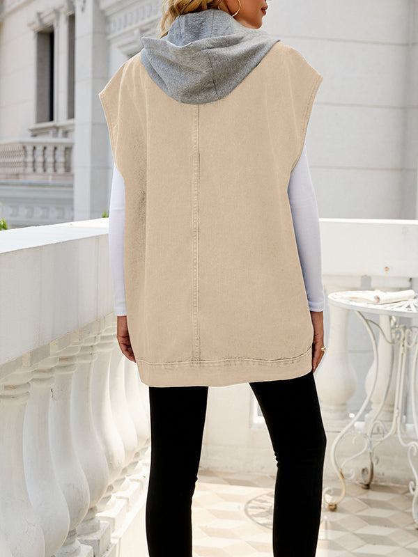 Hooded Button-Detail Pocket Sleeveless Vest