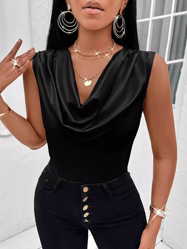 V-Neck Pleated Sleeveless Relaxed Vest