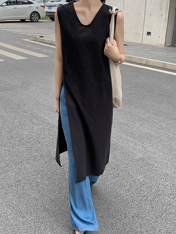 V-Neck Side-Split Sleeveless Relaxed Vest