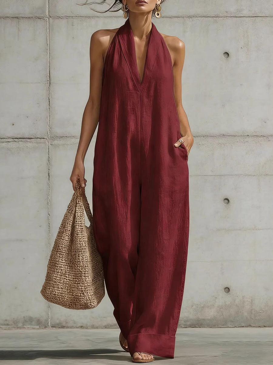 High-Waist V-Neck Pocket Sleeveless Jumpsuit
