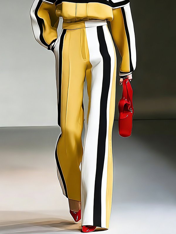 Striped High-Waist Pocket Contrast Pants