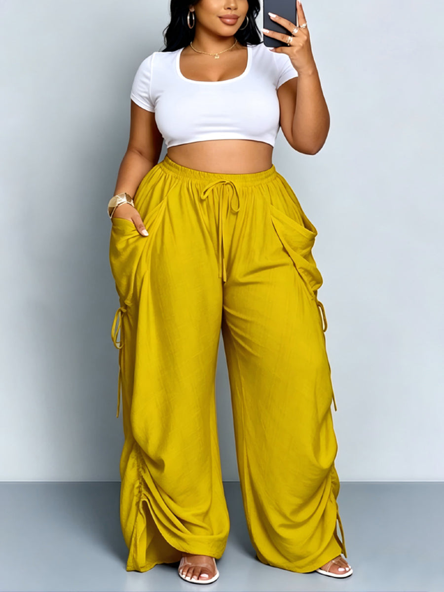 Wide-Leg Plus Size Drawstring Pocket Pants