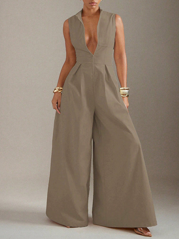 Wide-Leg Round-Neck Pleated Zip Jumpsuit