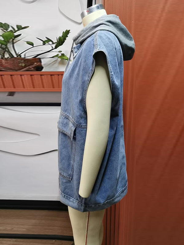Hooded Button-Detail Pocket Sleeveless Vest