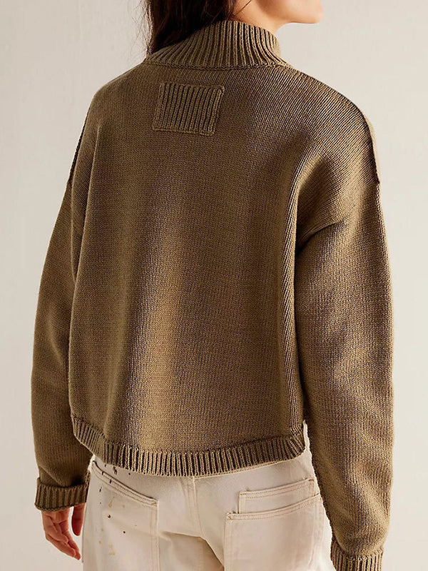 Stand-Collar Button-Detail Pocket Long-Sleeve Cardigan