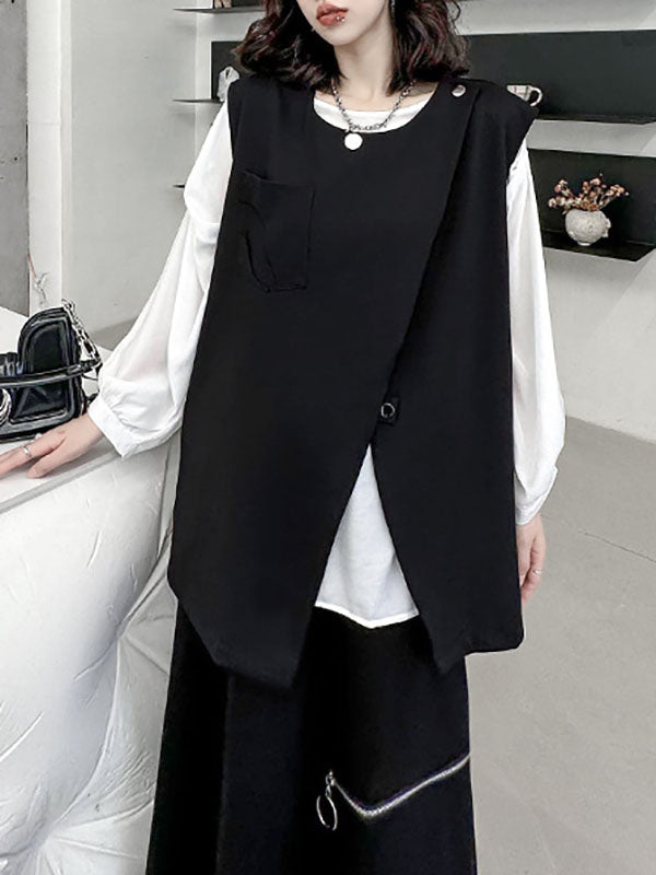 Round-Neck Asymmetric Zip Sleeveless Vest
