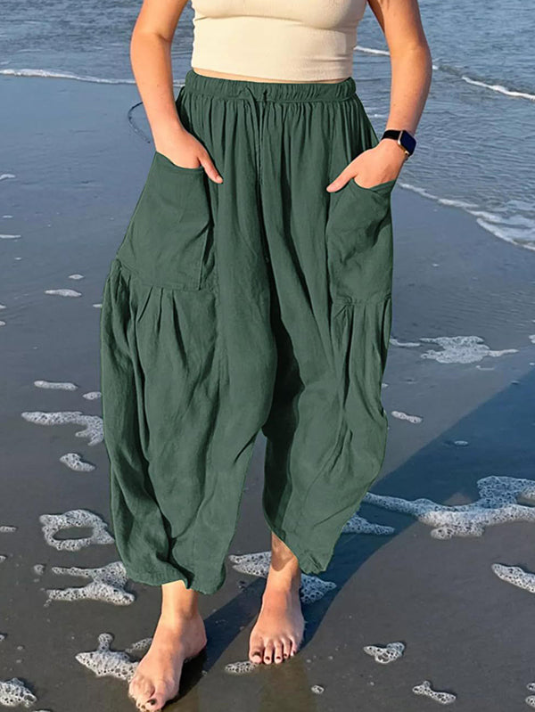 High-Waist Pleated Drawstring Pocket Pants